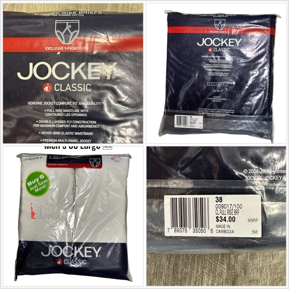 6 Pkg Men’s Vintage Jockey 38 Brief White 2006 Y Front Fly Style 9017 Full Rise